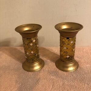 Partylite Gold Mosaic Column Candle Holder Pair 9” Tall